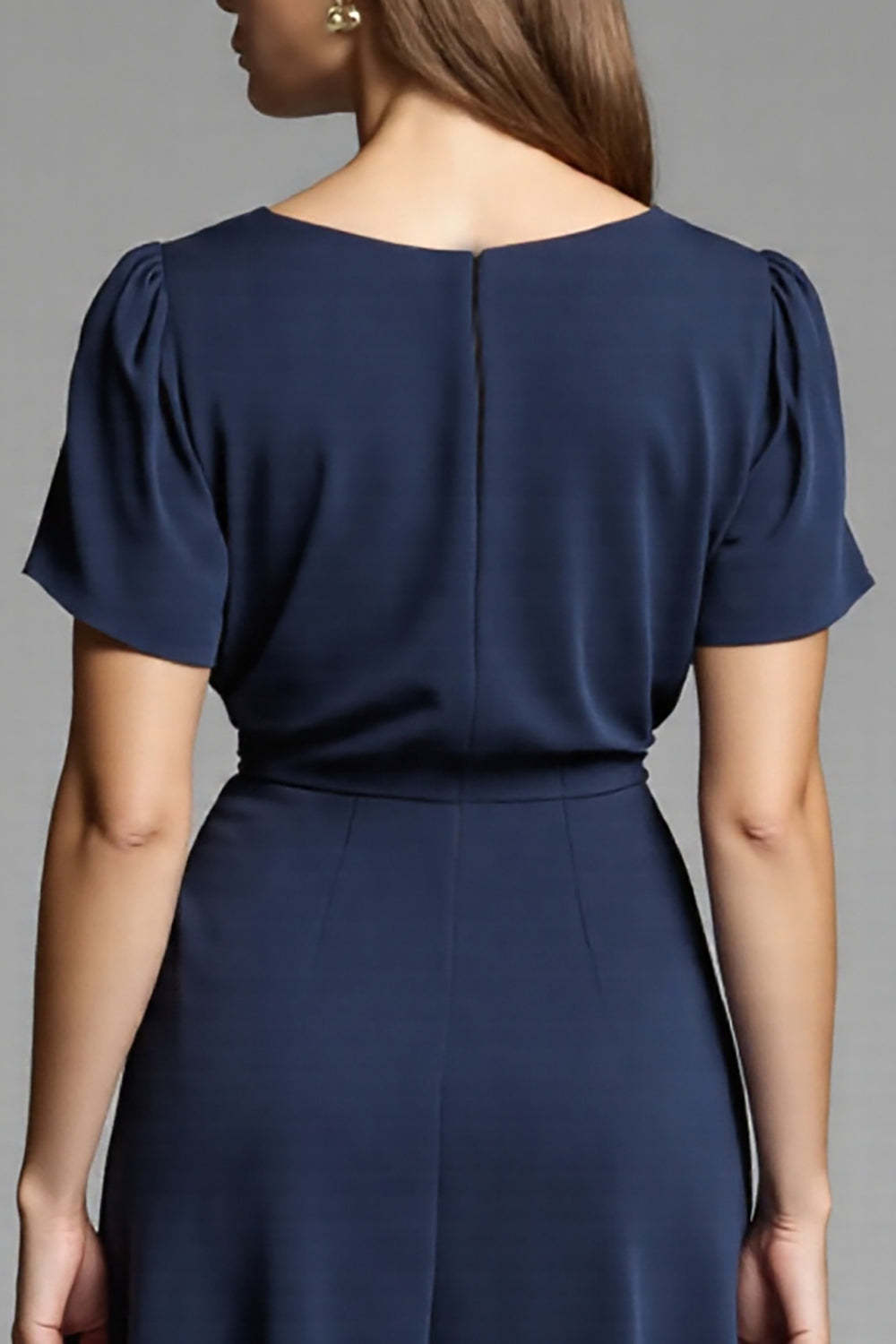 Navy Scoop Neck Satin A Line Midi Work Dress with Short Sleeves