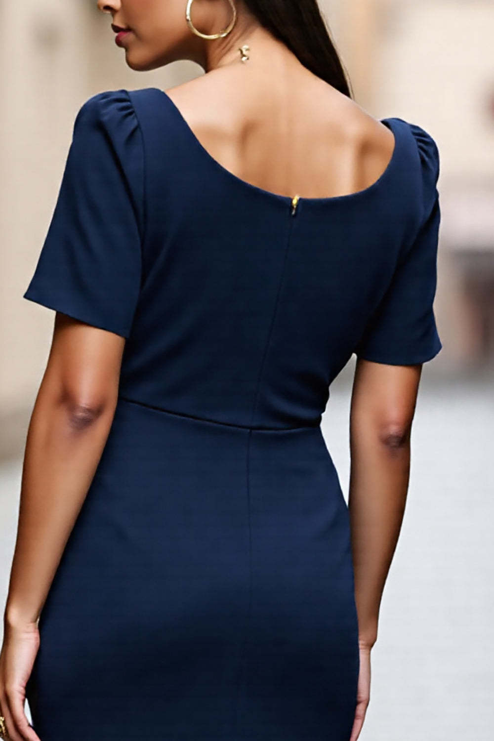 Navy Midi Ruched Satin Square Neck Short Sleeves Work Dress