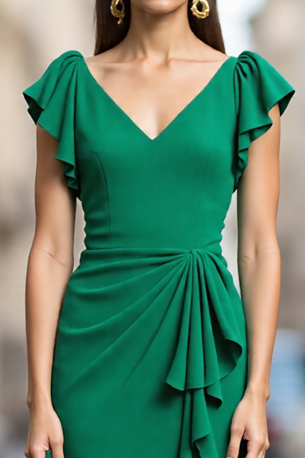 Green Satin Bodycon V Neck Ruched Midi Work Dress with Drape