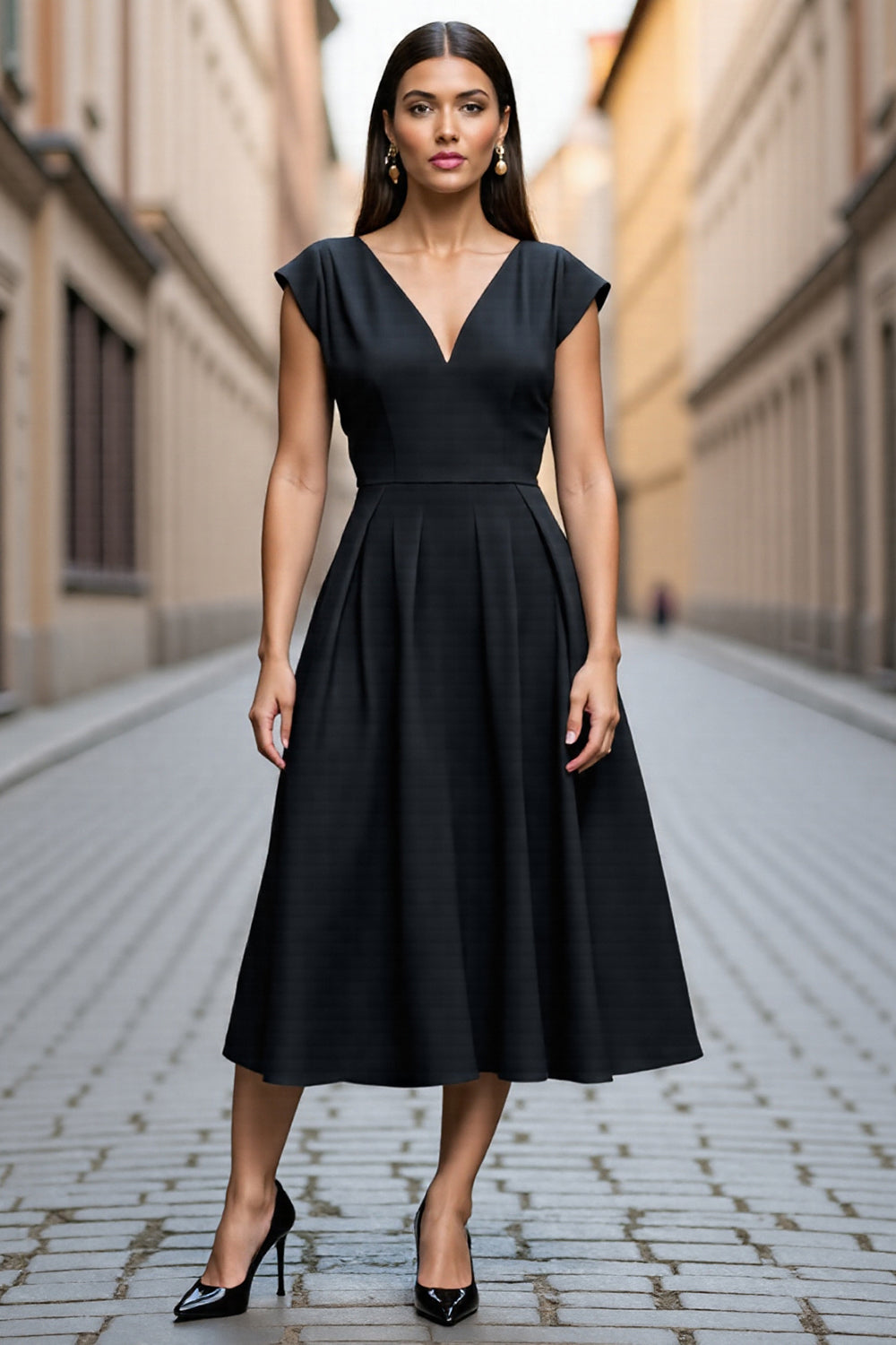 Leely Women Black Satin Midi Work Dress A Line Short Sleeves V Neck Semi Formal Dress