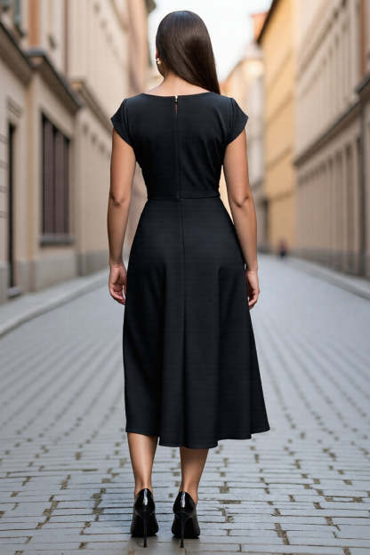 Black A Line V Neck Midi Satin Work Dress