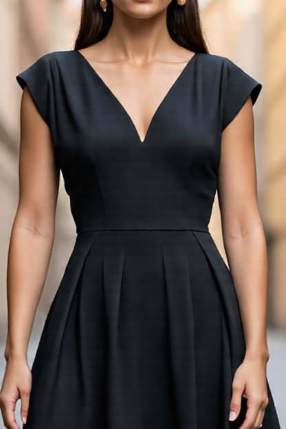 Black A Line V Neck Midi Satin Work Dress
