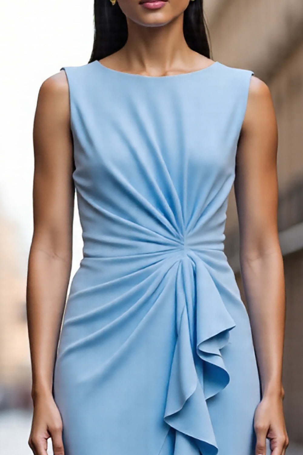 Sky Blue Satin Ruched Bodycon Midi Work Dress with Ruffles
