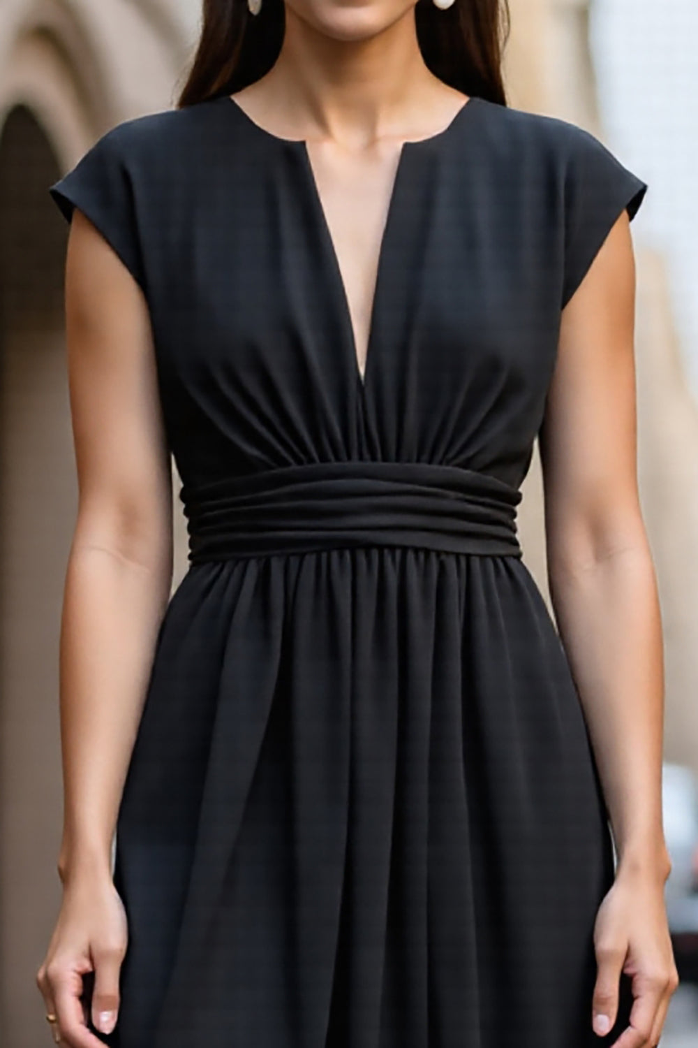 A Line Satin Black Ruched Short Sleeves Midi Work Dress