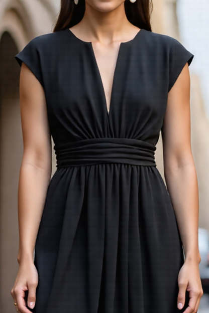 A Line Satin Black Ruched Short Sleeves Midi Work Dress