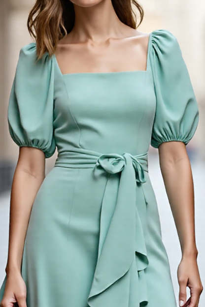 A Line Ruffled Mint Green Square Neck Midi Satin Work Dress