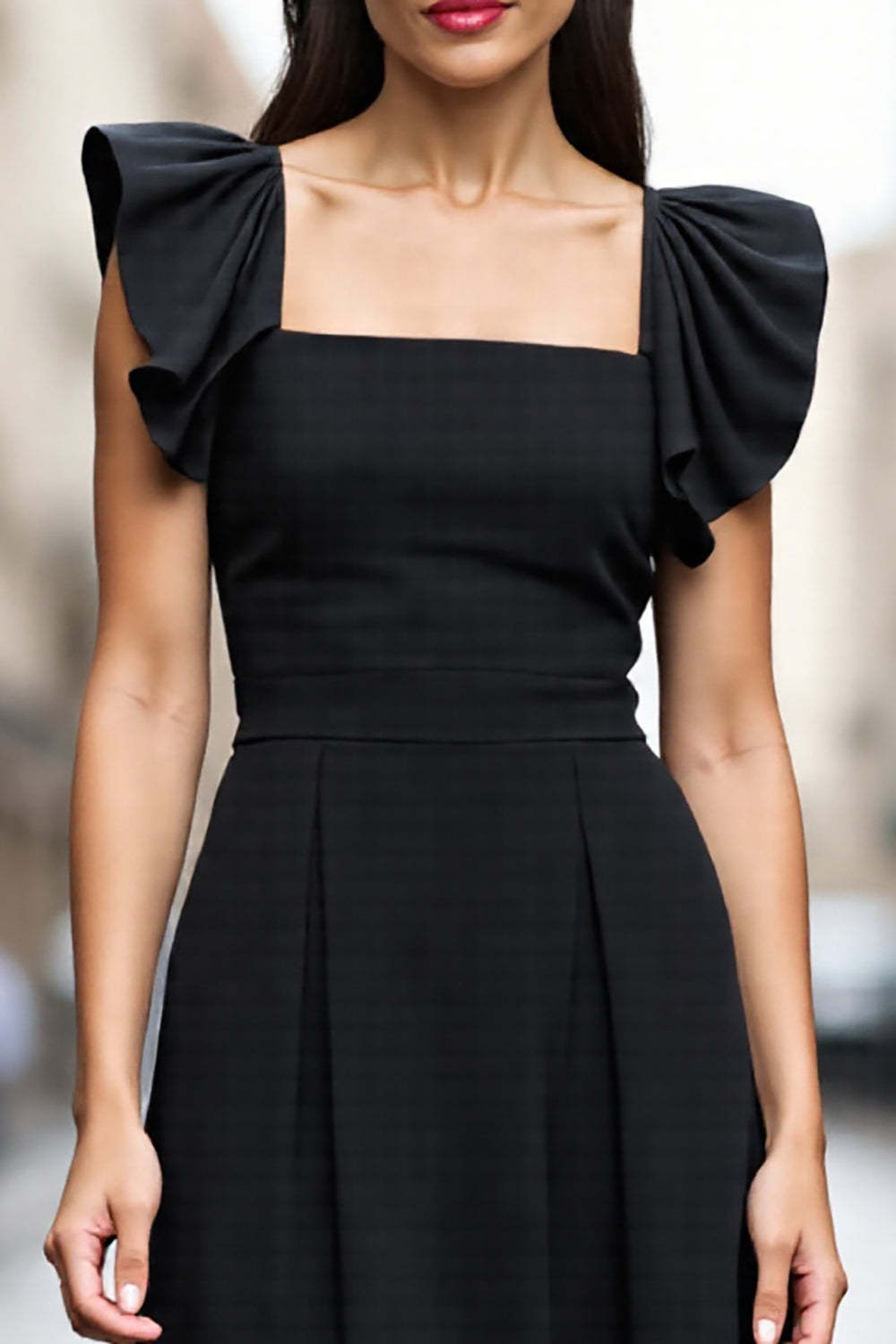 A Line Square Neck Black Satin Midi Work Dress with Ruffles