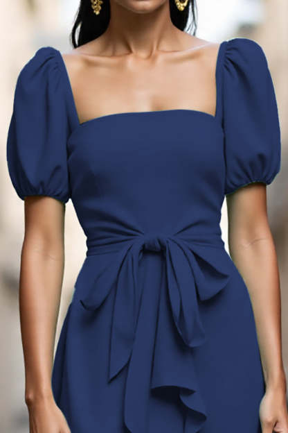 Mint Green A Line Square Neck Midi Work Dress with Ruffles