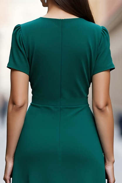 Dark Green A Line Satin Short Sleeves V Neck Midi Work Dress with Ruffles