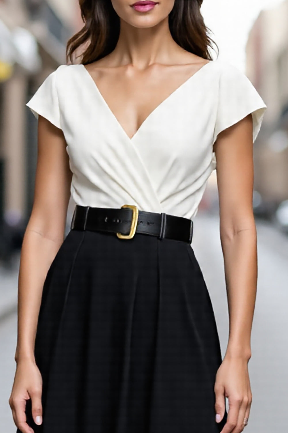 Black and White Midi Satin A Line V Neck Work Dress