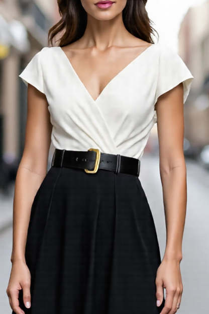 Black and White Midi Satin A Line V Neck Work Dress