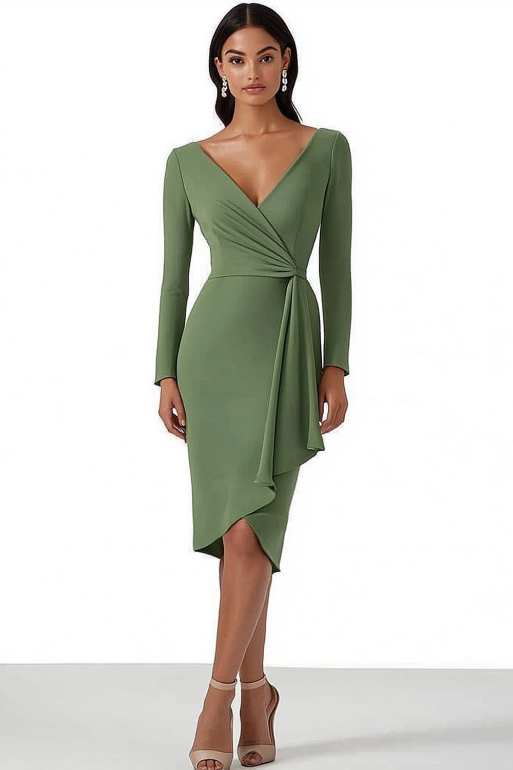 Leely Women Dusty Sage Bodycon Satin Midi Work Dress Ruched V Neck Long Sleeves Cocktail Dress