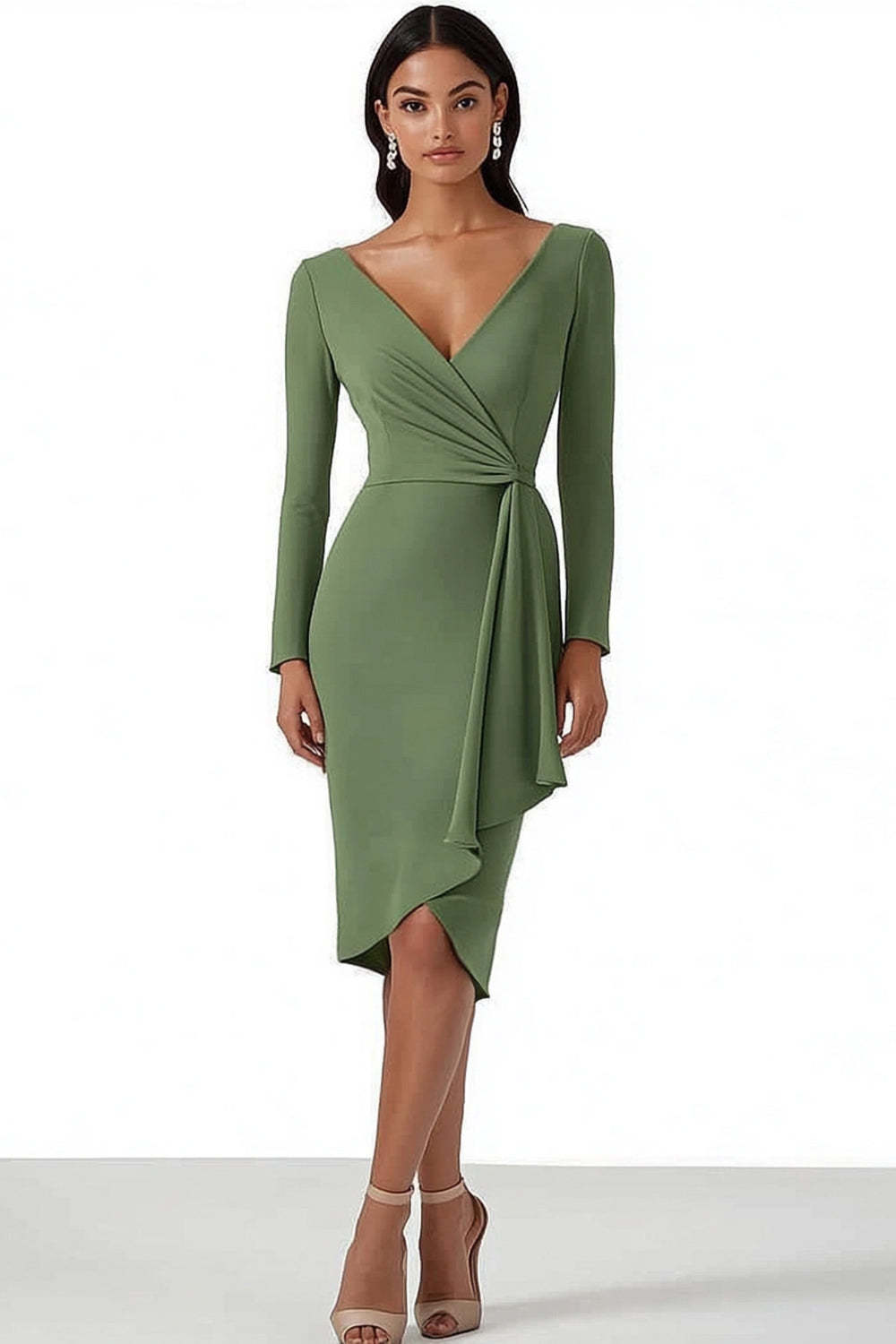 Leely Women Dusty Sage Bodycon Satin Midi Work Dress Ruched V Neck Long Sleeves Cocktail Dress