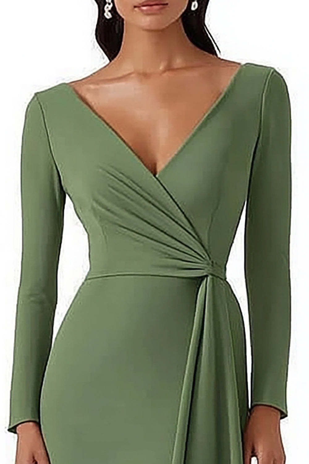 Bodycon Dusty Sage Satin Midi Work Dress with Long Sleeves