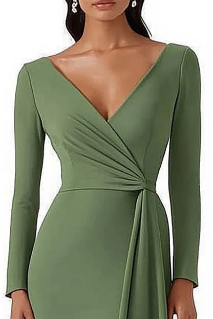 Bodycon Dusty Sage Satin Midi Work Dress with Long Sleeves