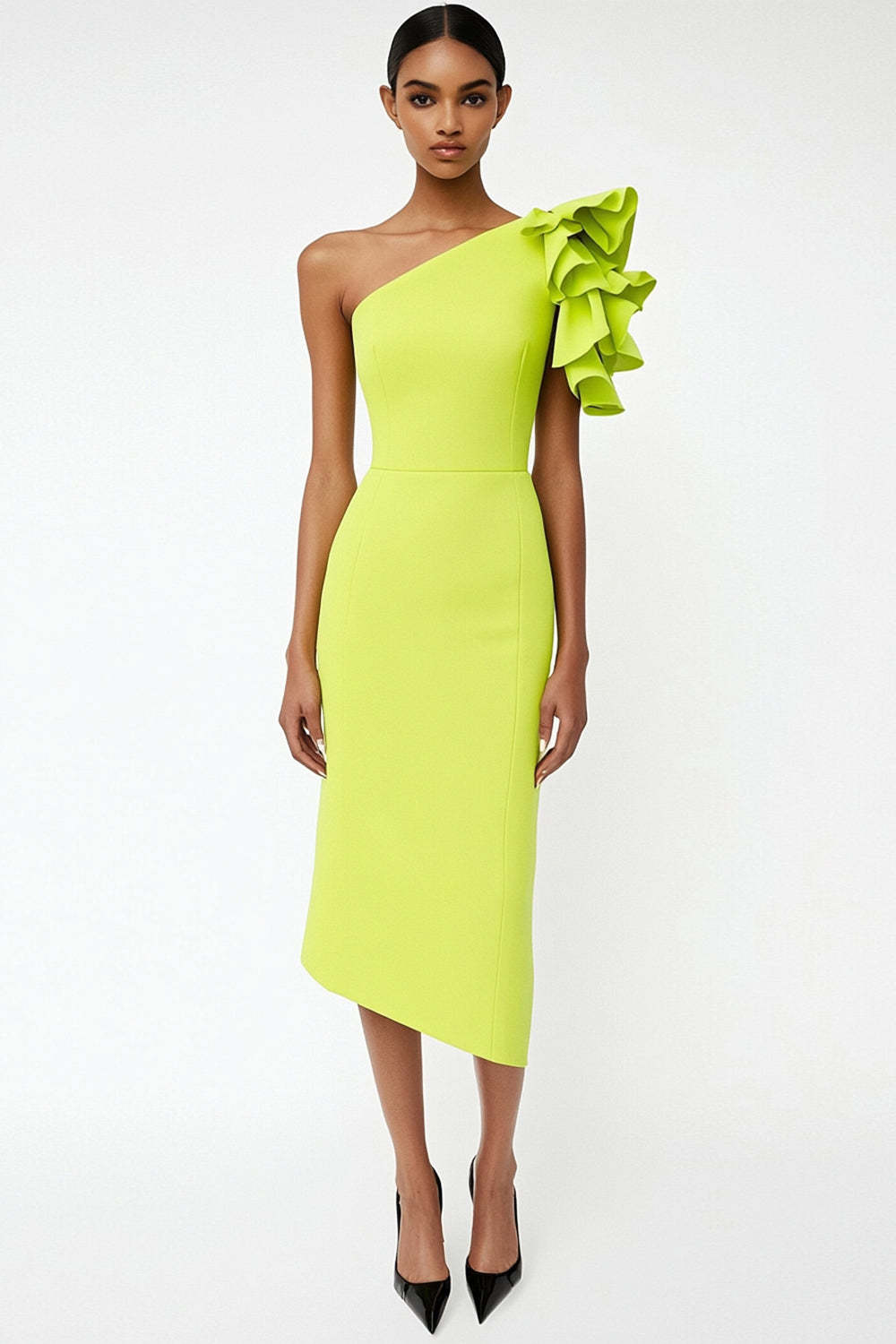Leely Women Lemon Yellow Midi Sheath Work Dress Ruffled Satin One Shoulder Semi Formal Dress