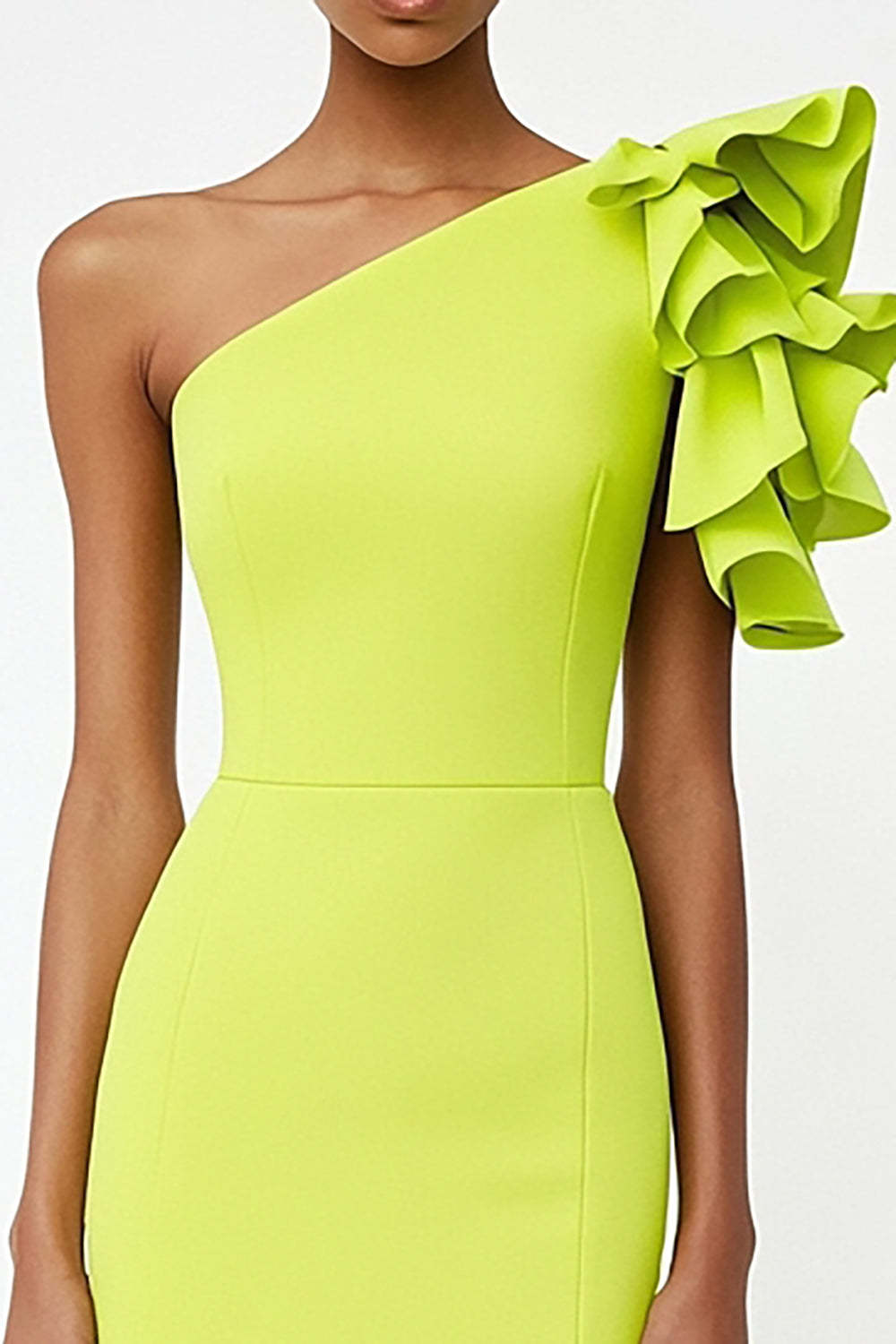 Sheath Midi Lemon Yellow Satin Ruffled Formal Dress