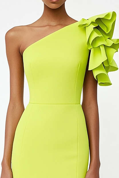 Sheath Midi Lemon Yellow Satin Ruffled Formal Dress