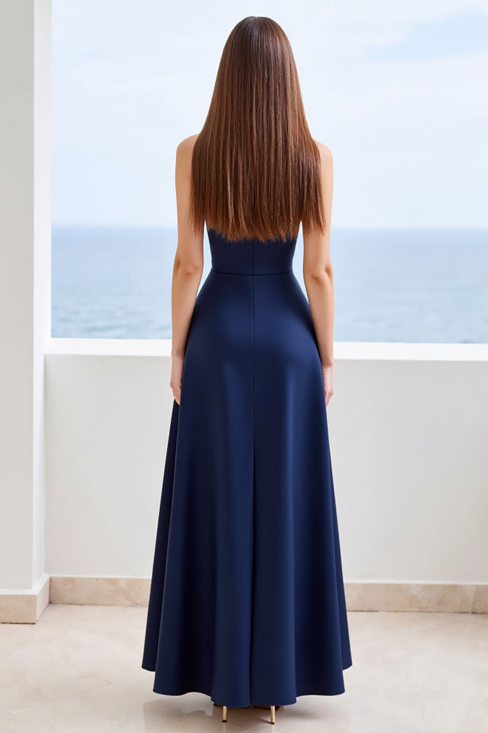 Navy A Line Sweetheart Maxi Satin Formal Dress with Slit