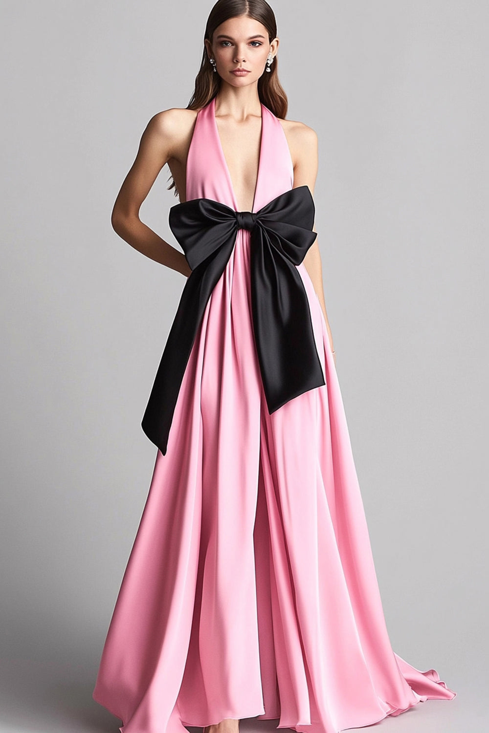 Maxi A Line Pink Halter Satin Formal Dress with Bow