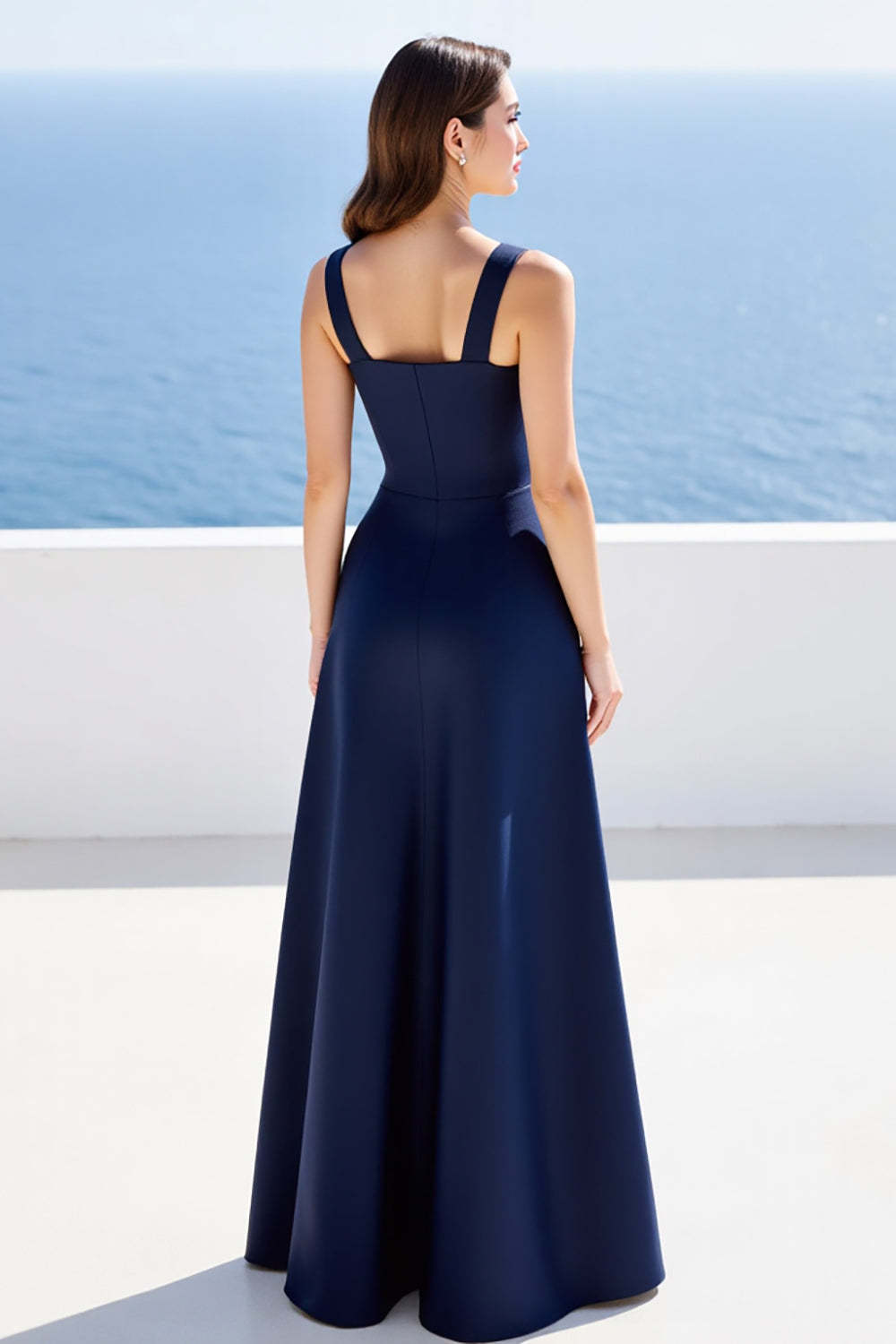 Navy Satin A Line Square Neck Maxi Formal Dress with Slit