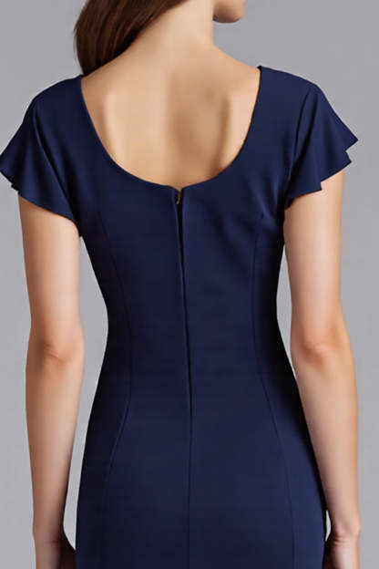 Navy Sheath Satin Long Formal Dress with Sleeves