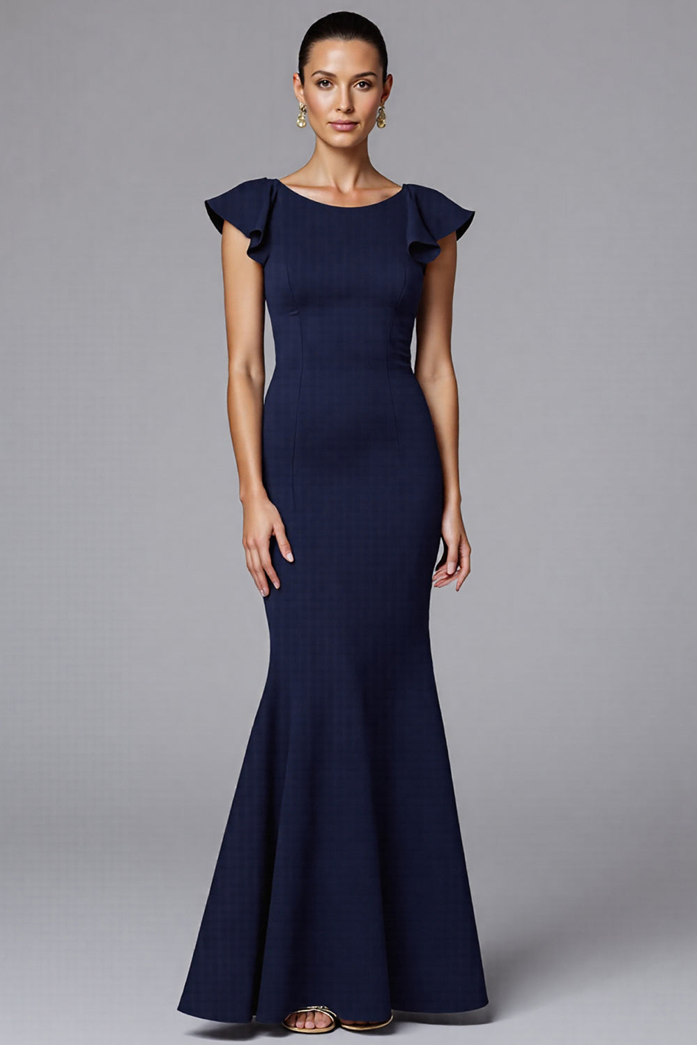 Elegant Navy Sheath Satin Maxi Formal Dress with Ruffles