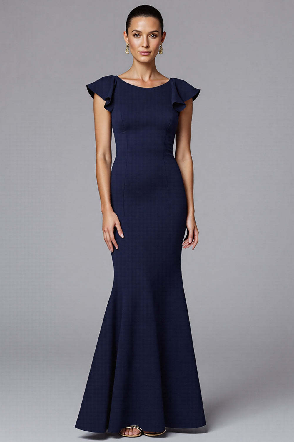 Leely Women Navy Sheath Satin Maxi Formal Dress Ruffled Short Sleeves Backless Evening Dress