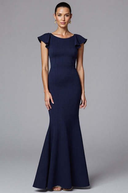 Leely Women Navy Sheath Satin Maxi Formal Dress Ruffled Short Sleeves Backless Evening Dress