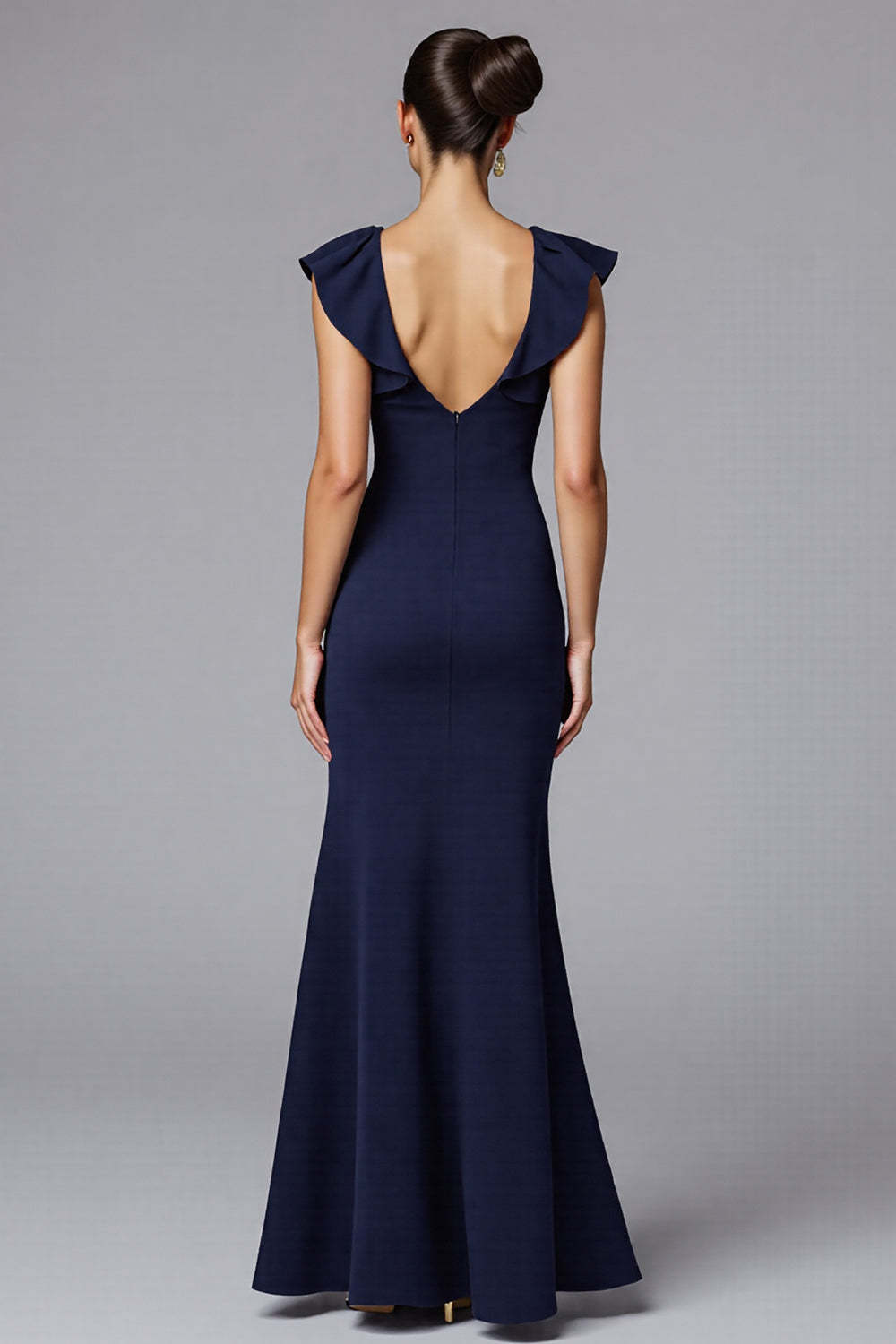 Elegant Navy Sheath Satin Maxi Formal Dress with Ruffles