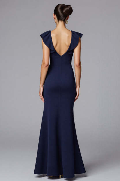 Elegant Navy Sheath Satin Maxi Formal Dress with Ruffles