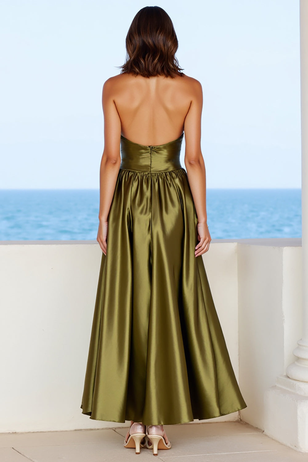 A Line Halter Olive Satin Backless Maxi Formal Dress with Slit