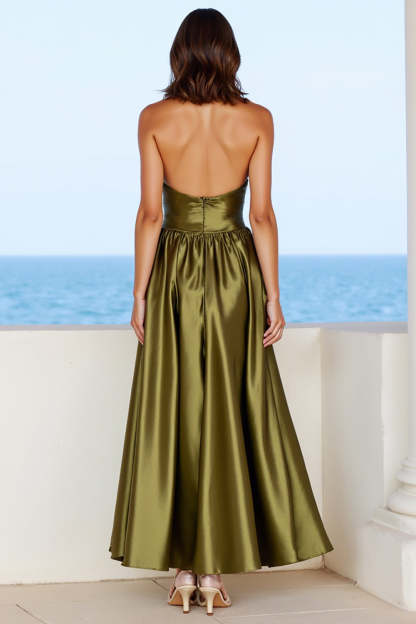 A Line Halter Olive Satin Backless Maxi Formal Dress with Slit