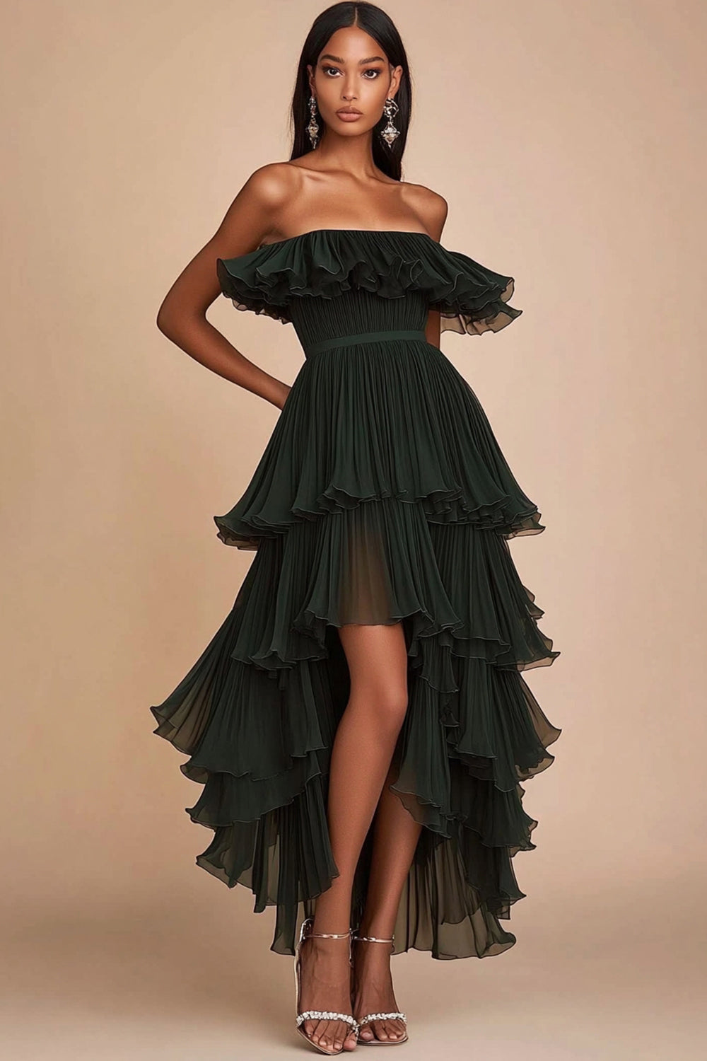 Leely Women Dark Green A Line Maxi Formal Dress Strapless Ruched Sleeveless Tiered Ruffled A Line Evening Dress