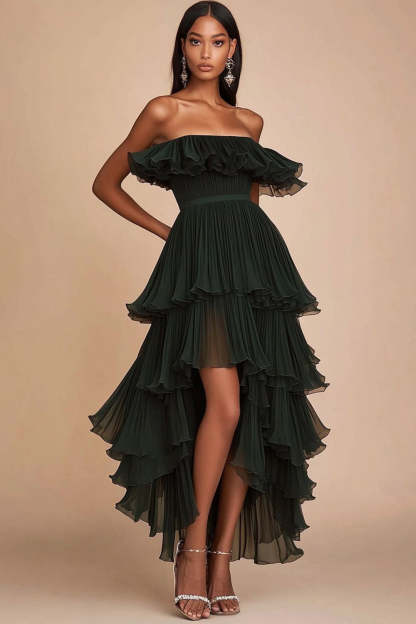 Leely Women Dark Green A Line Maxi Formal Dress Strapless Ruched Sleeveless Tiered Ruffled A Line Evening Dress