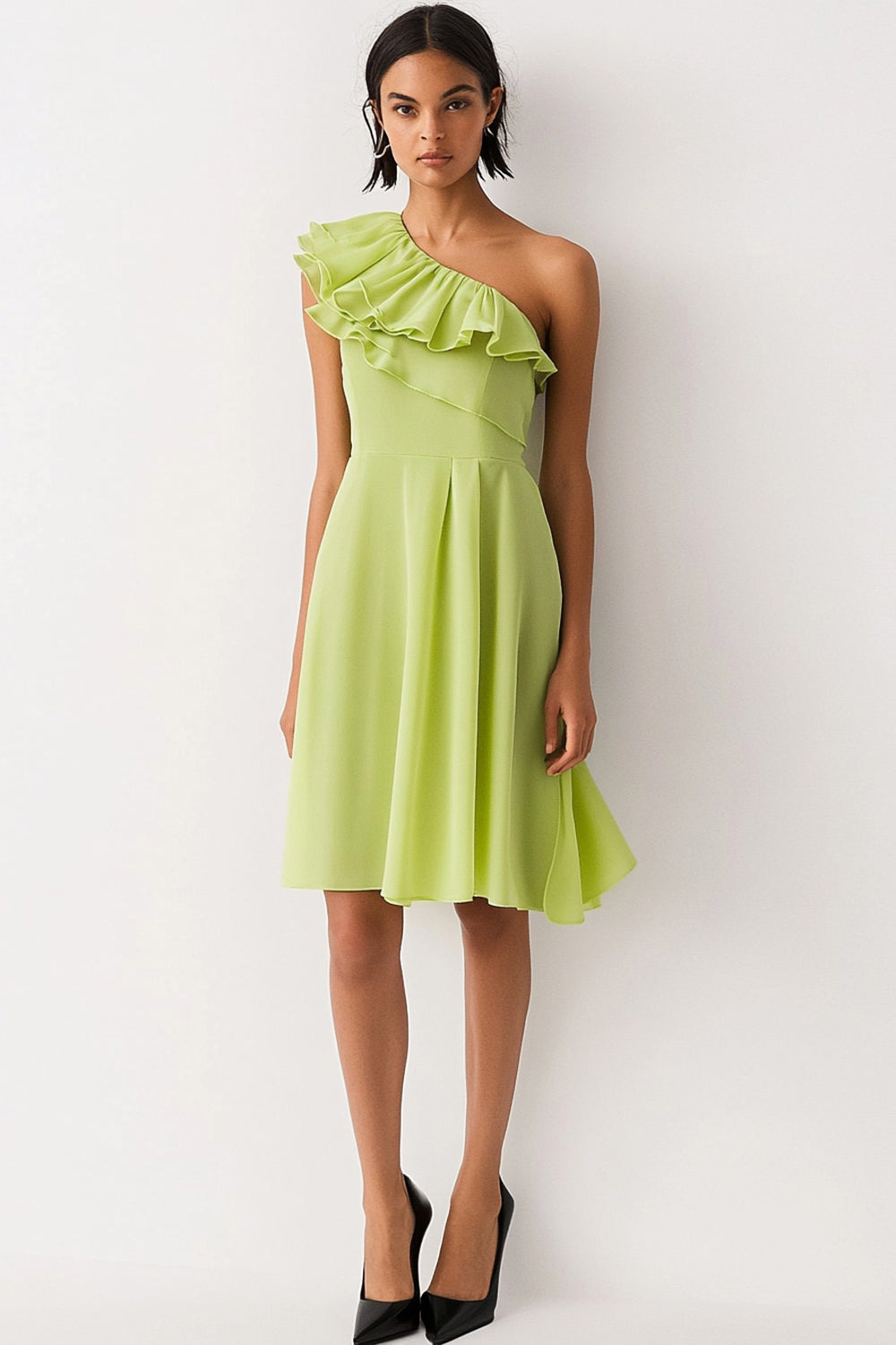 Leely Women Lemon Green Chiffon Short Formal Dress with Ruffles One Shoulder Sleeveless Ruffled A Line Summer Wedding Guest Dress