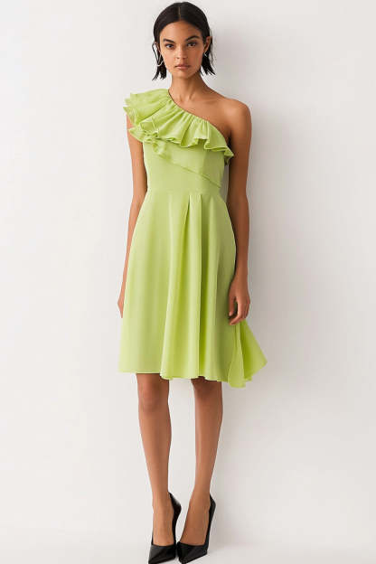 Leely Women Lemon Green Chiffon Short Formal Dress with Ruffles One Shoulder Sleeveless Ruffled A Line Summer Wedding Guest Dress