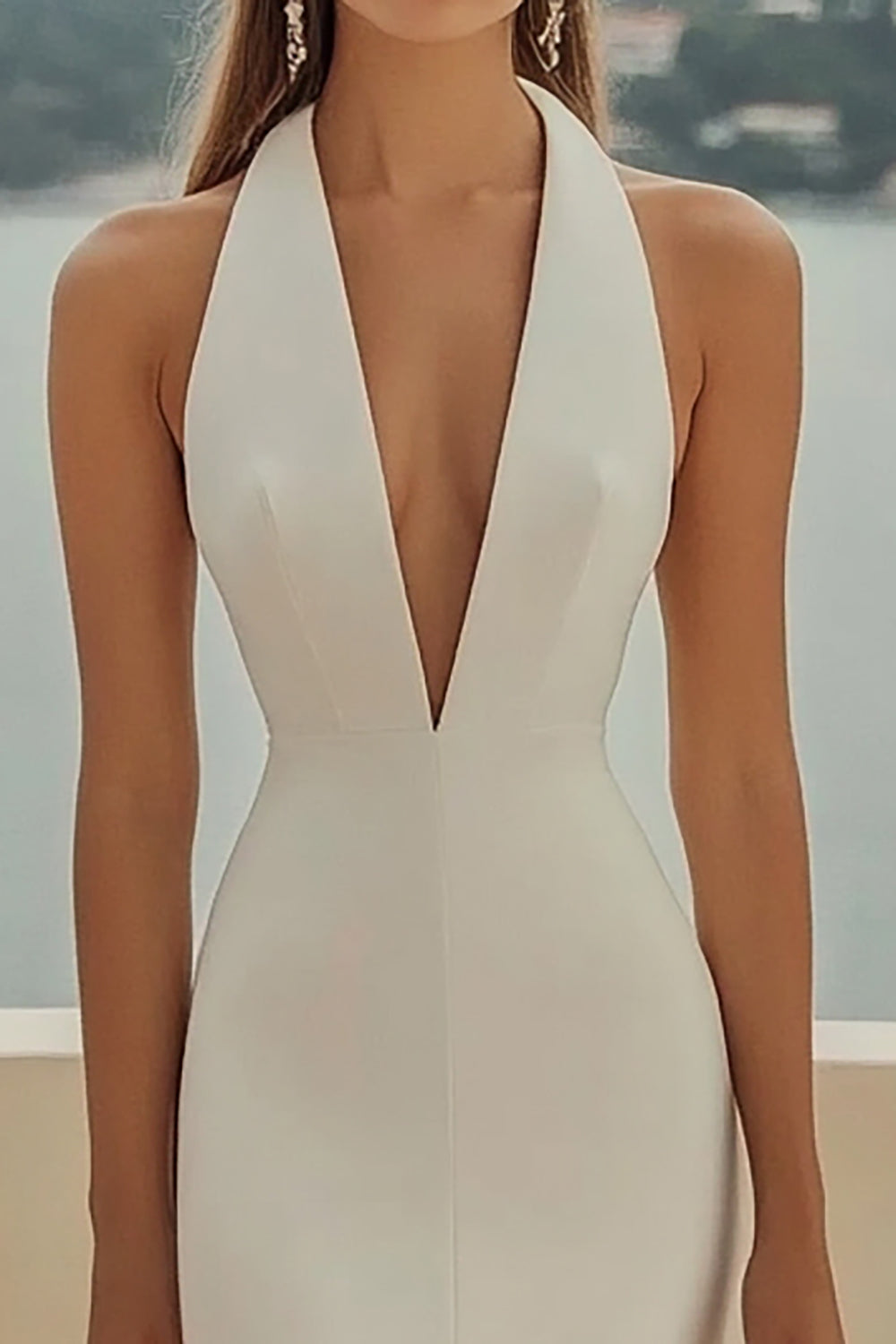 Ivory Sheath Maxi Satin Halter Formal Dress with Slit