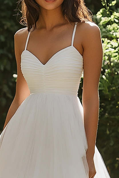White Midi Tulle Pleated A Line Engagement Dress
