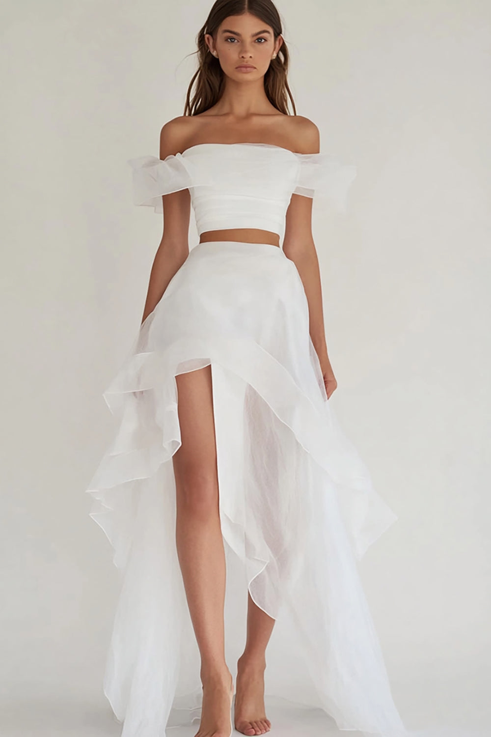 White Two Piece Asymmetrical Engagement Dress with Slit