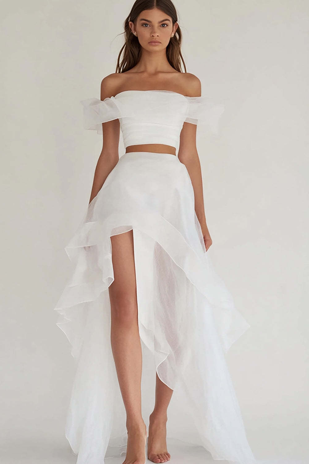 Leely Women White Tulle Asymmetrical Engagement Dress with Ruffles Off the Shoulder Two Piece A Line Rehearsal Dinner Dress with Slit