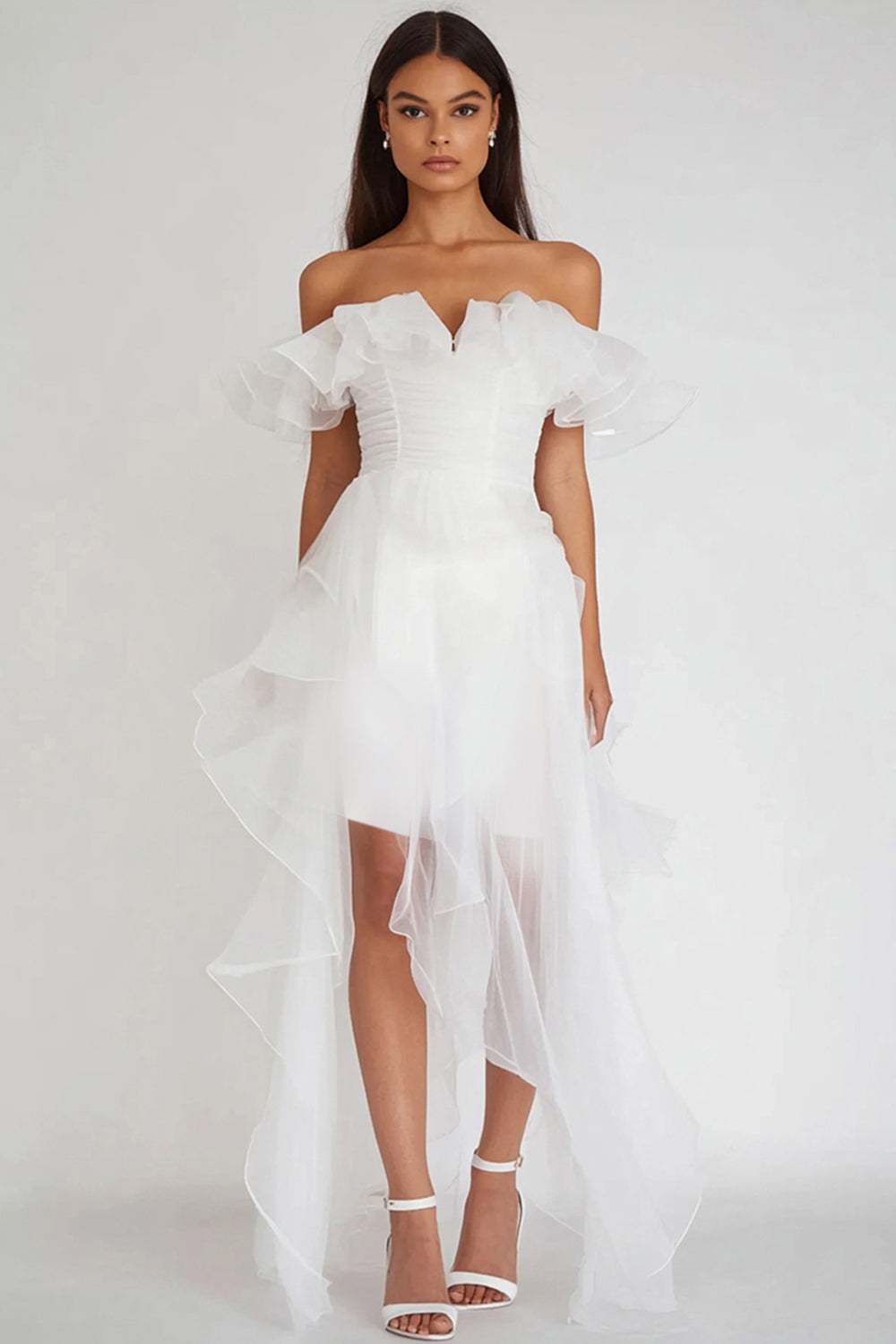 Leely Women White Tulle Asymmetrical Graduation Dress with Ruffles Off the Shoulder A Line Little White Dress