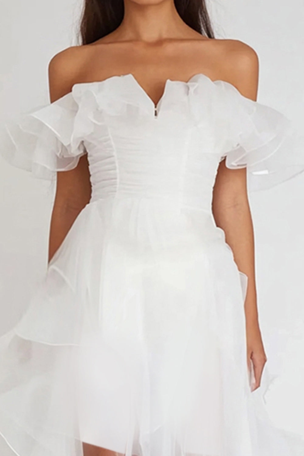 White Asymmetrical Graduation Dress with Ruffles