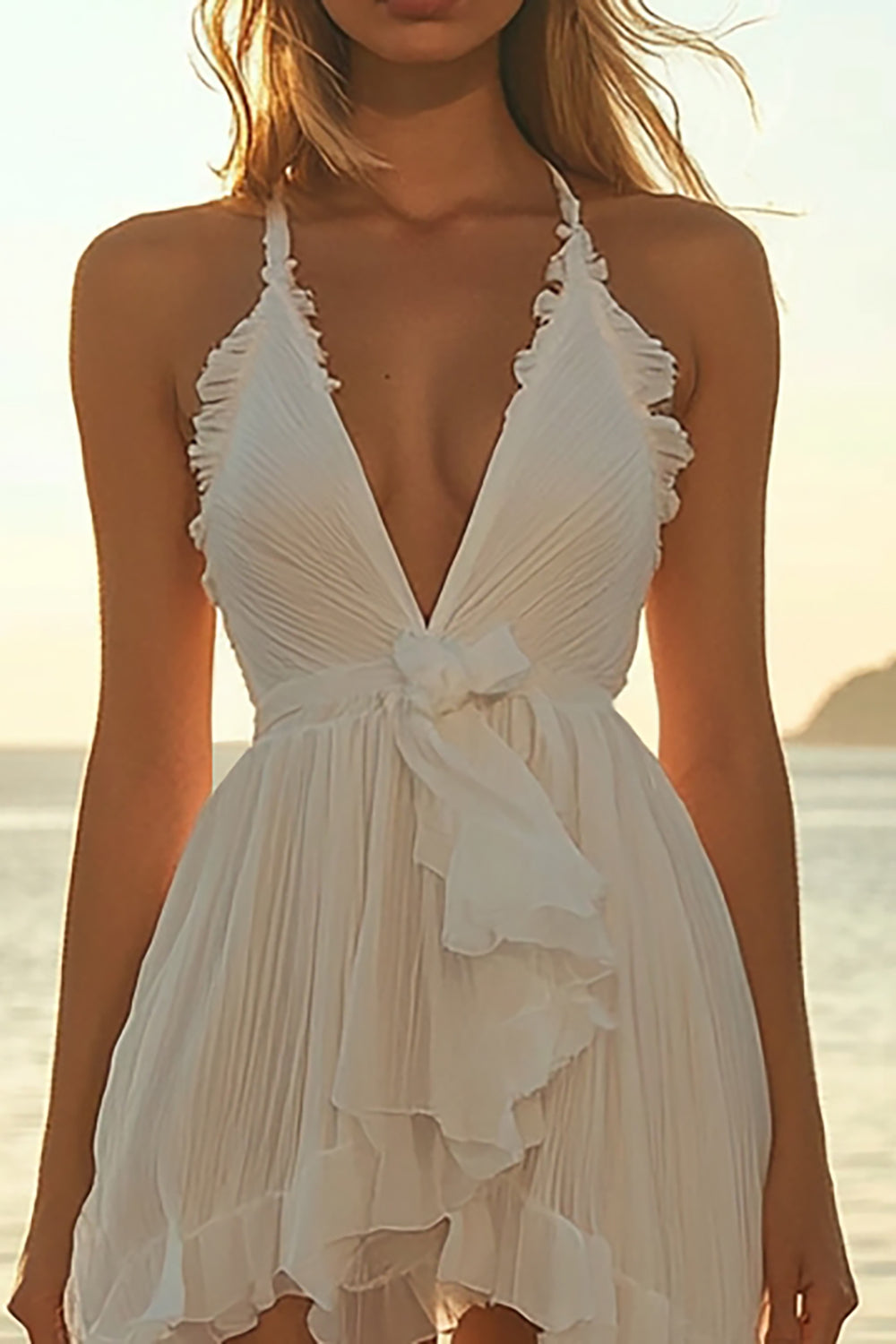Ivory Chiffon Mini Halter A Line Boho Dress with Ruffles