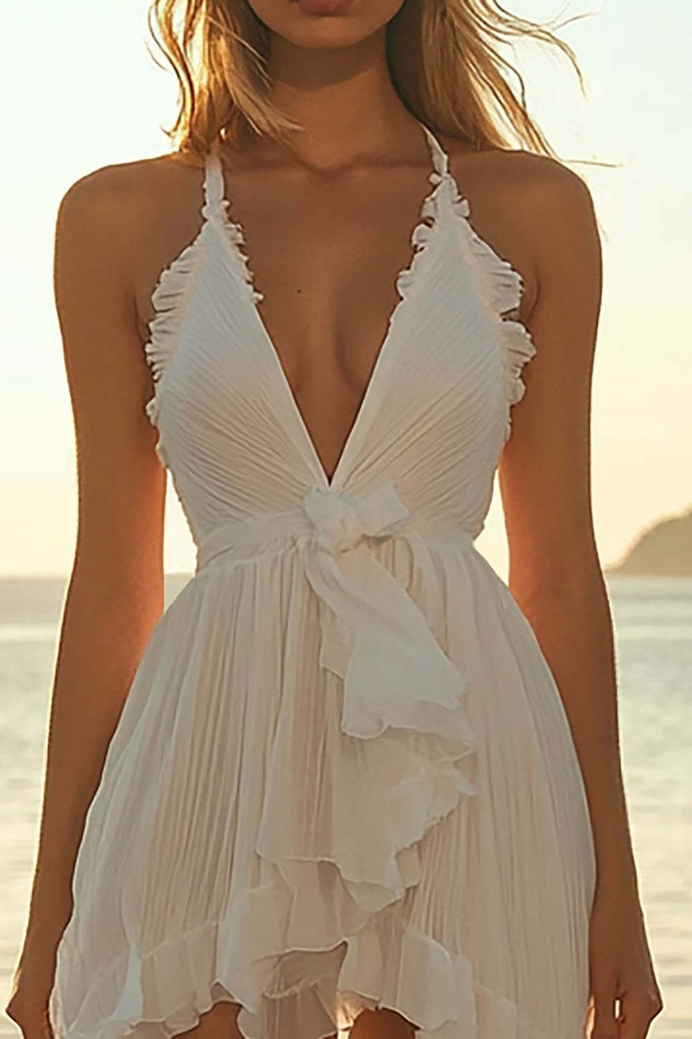 Ivory Chiffon Mini Halter A Line Boho Dress with Ruffles