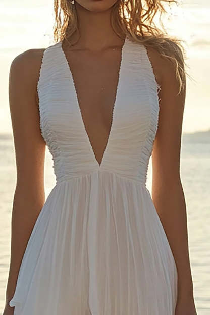 White Chiffon High-Low V Neck A Line Boho Dress with Pleats