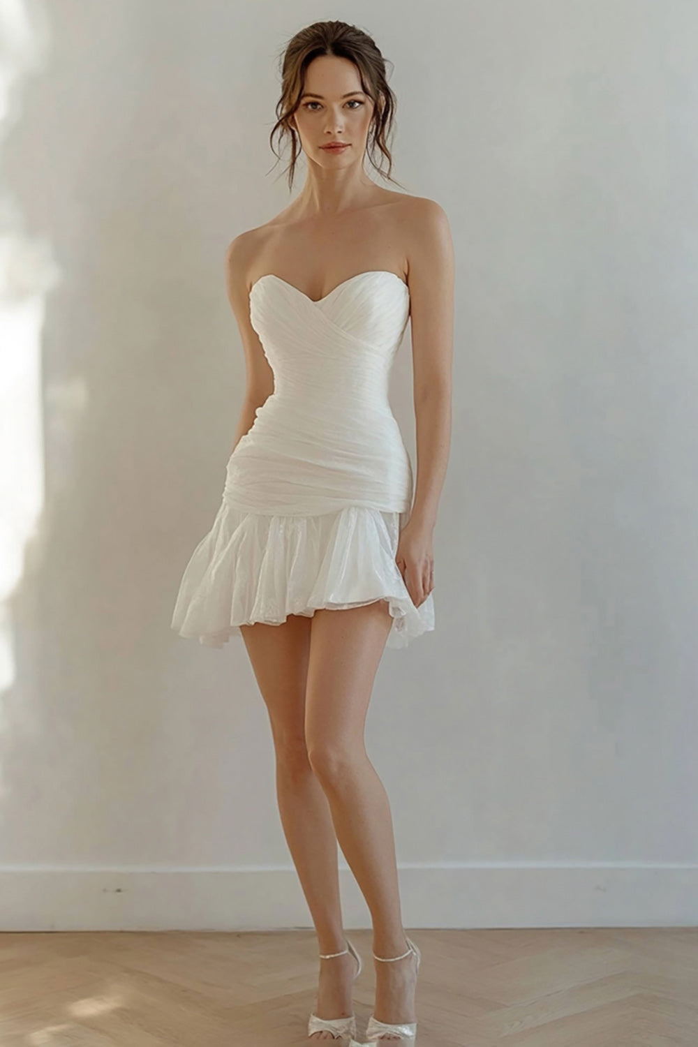 White Sweetheart Mini Graduation Dress with Pleats