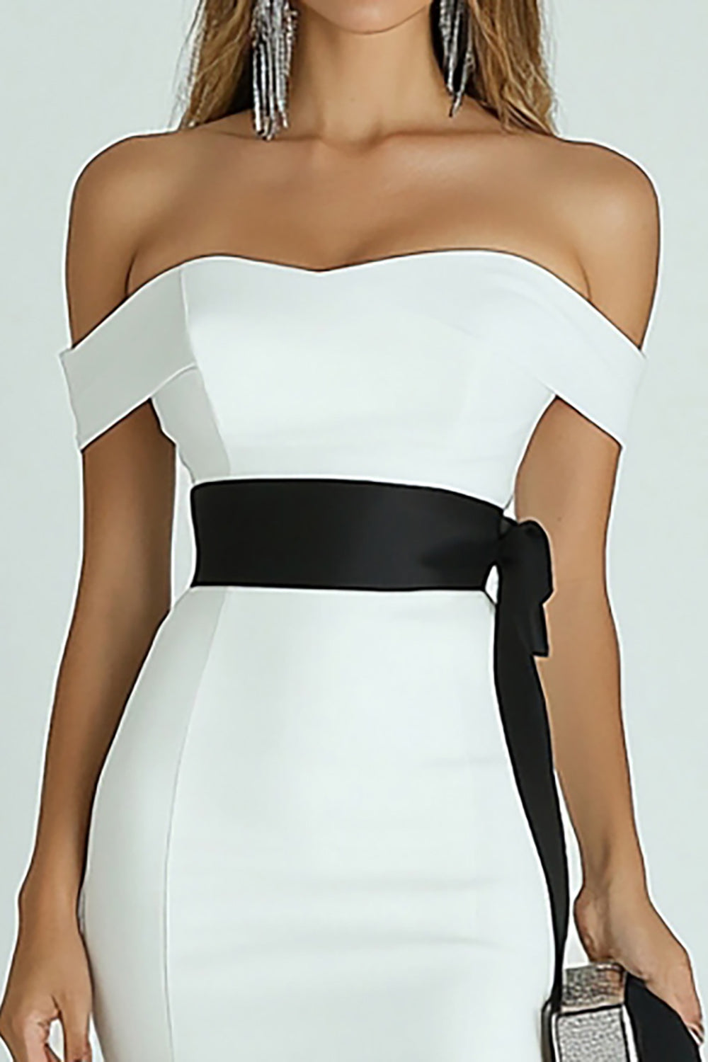 White and Black Tea-Length Mermaid Satin Engagement Dress with Slit