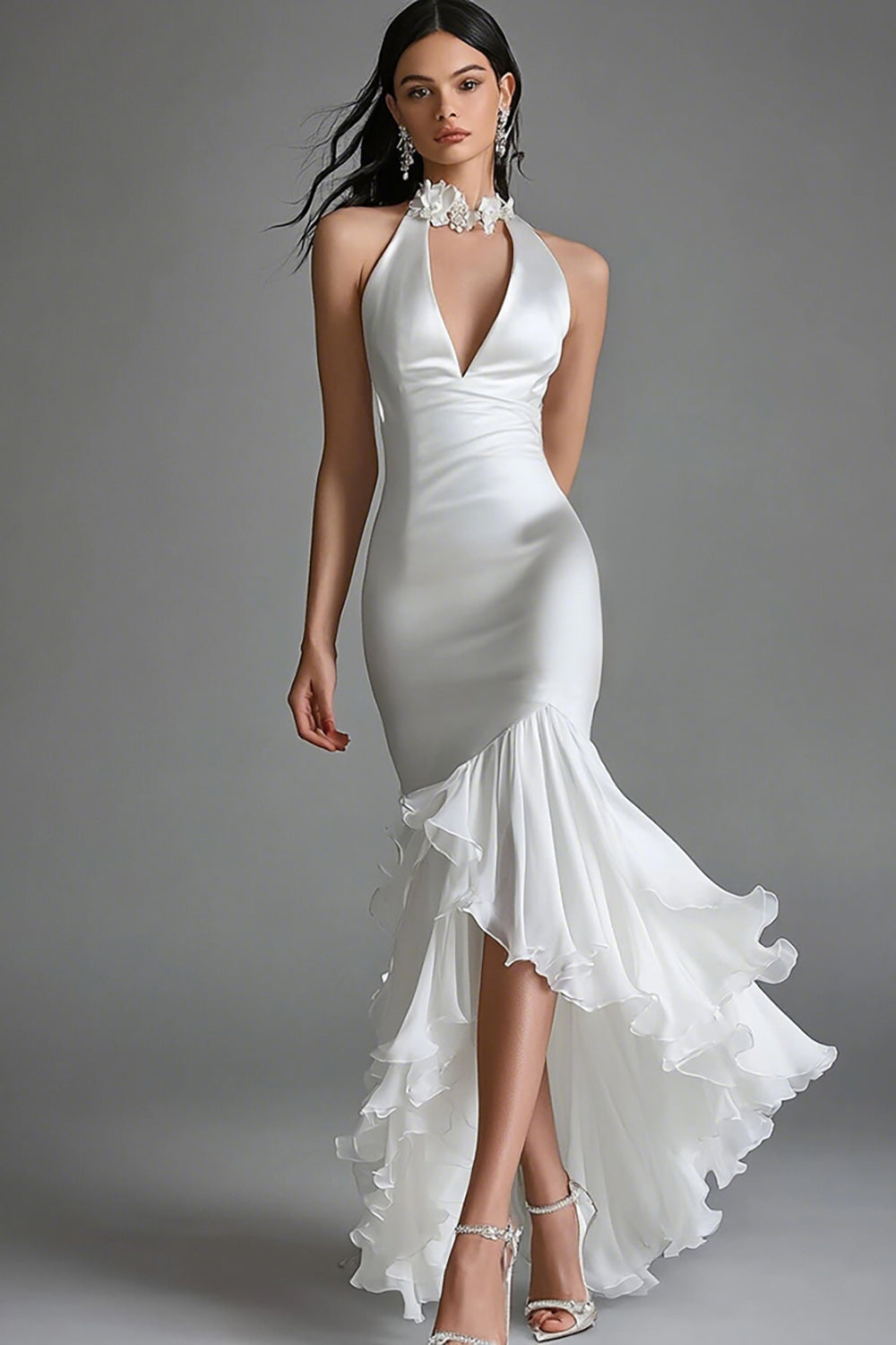White High Neck Satin High-Low Mermaid Engagement Dress