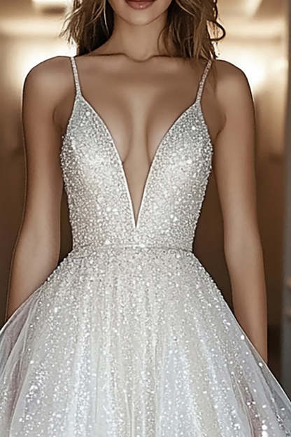 Sparkly Ivory Sequins V-Neck A Line Mini Graduation Dress